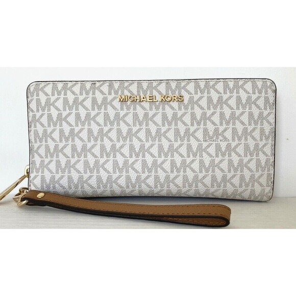 New Michael Kors Jet Set Large Travel Continental Wallet Logo Vanilla - Picture 1 of 7